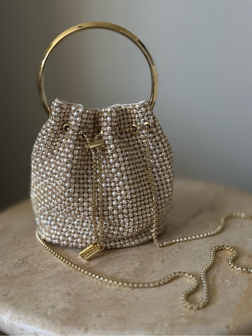 Madison West Pearl Rhinestone Bucket Bag Gold Handle Wedding Evening Bag - Picture 2 of 10